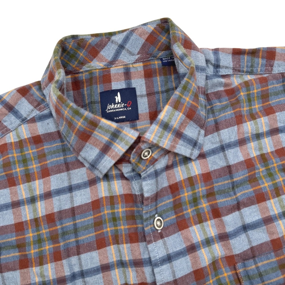 Johnnie-O Roger Shirt Men's XL Malibu Blue Brown Plaid Flannel Long Sleeve